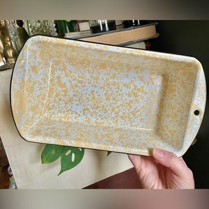Vintage Marbled Enamelware Bread Loaf Pan Yellow White Kitchen Baking